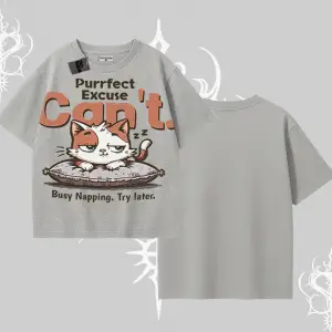 Kedi Baskılı Cant Busy Napping Y2K  Oversize Tshirt
