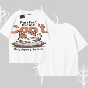 Kedi Baskılı Cant Busy Napping Y2K  Oversize Tshirt