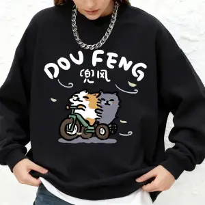 Kedi Bisiklete Biniyor Baskılı Kapüşonlu Üstler Kadınlar İçin Basit Yuvarlak Yaka Bol Sweatsh