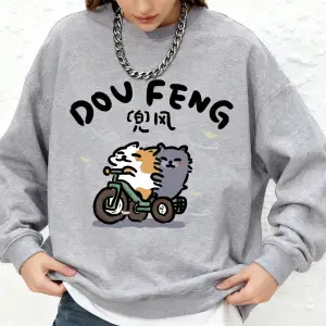 Kedi Bisiklete Biniyor Baskılı Kapüşonlu Üstler Kadınlar İçin Basit Yuvarlak Yaka Bol Sweatsh