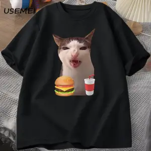 Kedi Crunching gıda Meme T-shirt kadın erkek aptal T shirt komik kedi yeme T-Shirt pamuk kısa