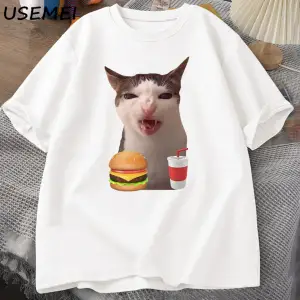 Kedi Crunching gıda Meme T-shirt kadın erkek aptal T shirt komik kedi yeme T-Shirt pamuk kısa