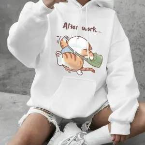 Kedi işten sonra koşuyor baskılar kazak kadın rahat gevşek kapüşonlu üst kış polar sıcak üstl