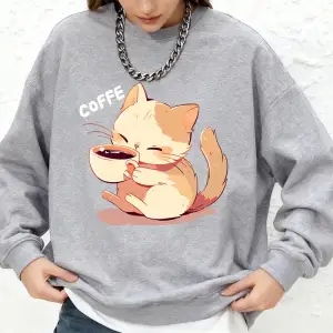 Kedi Kahve İçiyor Baskılı Kapüşonlu Üstler Kadınlar İçin Kışlık Yuvarlak Yaka Bol Sweatshirtl