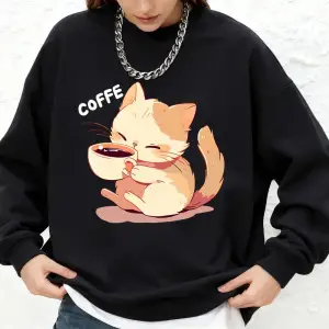 Kedi Kahve İçiyor Baskılı Kapüşonlu Üstler Kadınlar İçin Kışlık Yuvarlak Yaka Bol Sweatshirtl