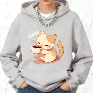 Kedi Kahve İçiyor Baskılı Pamuklu Kapüşonlu Üstler Kadınlar İçin Kışlık Polar Sıcak Sweatshir