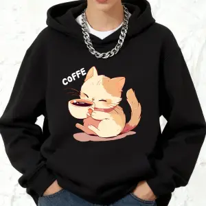 Kedi Kahve İçiyor Baskılı Pamuklu Kapüşonlu Üstler Kadınlar İçin Kışlık Polar Sıcak Sweatshir