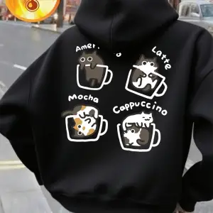 Kedi Kahve Sanatı Mektup Baskılar Kapüşonlular Kadın Temelleri Cep Kazak Sonbahar Polar Sıcak