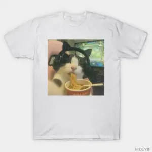 Kedi Meme Komik Oyuncu Kedi Yemek Yapan Erişte T-shirt Erkekler Kadınlar Için % 100% Pamuk T