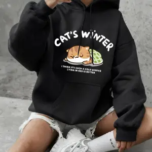 Kedinin Kış Uykusu Baskılı Kapüşonlu Üstleri Kadınlar İçin Basit Yuvarlak Yaka Sweatshirtler
