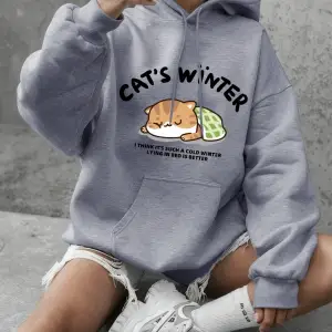 Kedinin Kış Uykusu Baskılı Kapüşonlu Üstleri Kadınlar İçin Basit Yuvarlak Yaka Sweatshirtler
