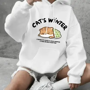 Kedinin Kış Uykusu Baskılı Kapüşonlu Üstleri Kadınlar İçin Basit Yuvarlak Yaka Sweatshirtler