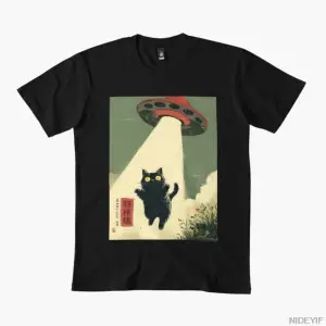 Kedi Selfiesi Uzaylı UFO Komik Japon Kedisi Retro Tişört Erkek Kadın %100 Pamuk Tişörtler Kıs