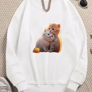 Kedicikler Renkli Oversize Bisiklet Yaka Pamuklu Sweatshirt Beyaz