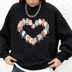 Kediler Kalp Baskılı Kapüşonlu Üst Bayan Basic Jogger Sıcak Kazak Kışlık Yuvarlak Yaka Oversi