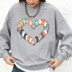 Kediler Kalp Baskılı Kapüşonlu Üst Bayan Basic Jogger Sıcak Kazak Kışlık Yuvarlak Yaka Oversi