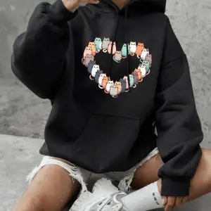 Kediler Kalp Baskılı Kapüşonlular Bayan Temel Ürünler Bisiklet Yaka Tişörtü Günlük Bol Kazakl