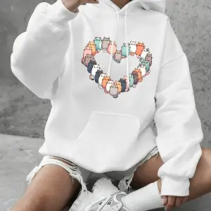 Kediler Kalp Baskılı Kapüşonlular Bayan Temel Ürünler Bisiklet Yaka Tişörtü Günlük Bol Kazakl