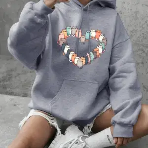 Kediler Kalp Baskılı Kapüşonlular Bayan Temel Ürünler Bisiklet Yaka Tişörtü Günlük Bol Kazakl