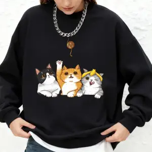 Kediler Kürk Topları Yakalıyor Baskılı Kapüşonlu Üstler Kadınlar Kışlık Bol Jogger Sweatshirt