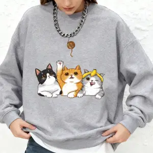 Kediler Kürk Topları Yakalıyor Baskılı Kapüşonlu Üstler Kadınlar Kışlık Bol Jogger Sweatshirt