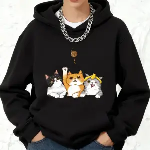 Kediler Kürk Topları Yakalıyor Baskılı Pamuklu Kapüşonlu Kadın Kışlık Polar Sıcak Sweatshirt