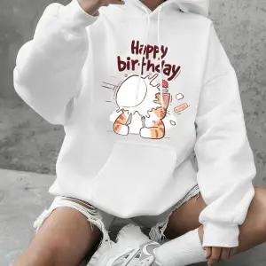 Kediler Mutlu Bir Doğum Günü Kutluyor Baskılı Sweatshirt Kadın Günlük Bol Kapüşonlu Kışlık Po