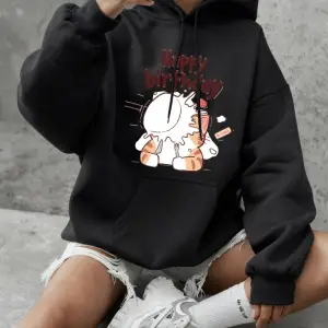 Kediler Mutlu Bir Doğum Günü Kutluyor Baskılı Sweatshirt Kadın Günlük Bol Kapüşonlu Kışlık Po