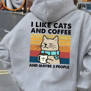 Kedileri Seviyorum Kahve Baskılı Kapüşonlu Üstler Kadın Rahat Bol Sweatshirt Kışlık Polar Sıc