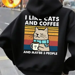 Kedileri Seviyorum Kahve Baskılı Kapüşonlu Üstler Kadın Rahat Bol Sweatshirt Kışlık Polar Sıc