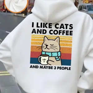 Kedileri Seviyorum Kahve Baskılı Kapüşonlu Üstler Kadın Rahat Bol Sweatshirt Kışlık Polar Sıc