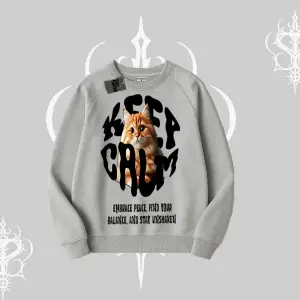 Keep Calm Yazılı Kedi Baskılı Streetwear Biskilet Sweatshirt