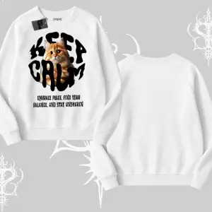 Keep Calm Yazılı Kedi Baskılı Streetwear Biskilet Sweatshirt