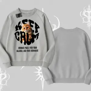 Keep Calm Yazılı Kedi Baskılı Streetwear Biskilet Sweatshirt