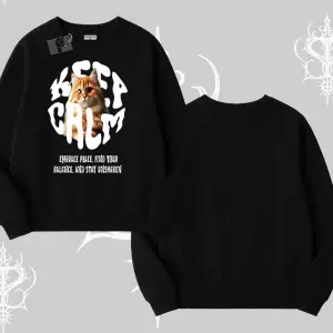Keep Calm Yazılı Kedi Baskılı Streetwear Biskilet Sweatshirt