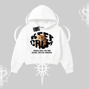 Keep Calm Yazılı Kedi Baskılı Streetwear Kapşonlu Crop Sweatshirt