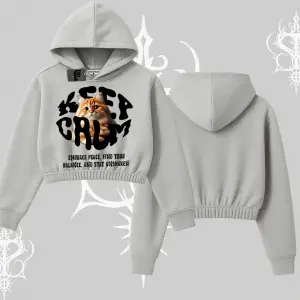 Keep Calm Yazılı Kedi Baskılı Streetwear Kapşonlu Crop Sweatshirt