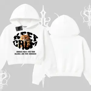 Keep Calm Yazılı Kedi Baskılı Streetwear Kapşonlu Crop Sweatshirt