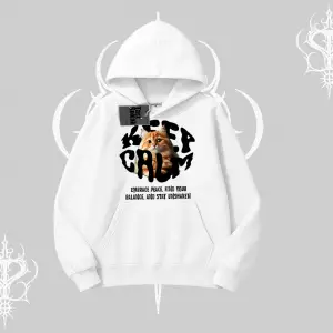 Keep Calm Yazılı Kedi Baskılı Streetwear Kapşonlu Sweatshirt