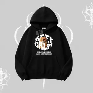 Keep Calm Yazılı Kedi Baskılı Streetwear Kapşonlu Sweatshirt