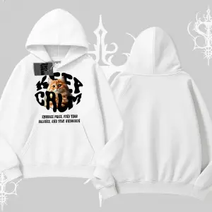 Keep Calm Yazılı Kedi Baskılı Streetwear Kapşonlu Sweatshirt