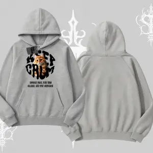 Keep Calm Yazılı Kedi Baskılı Streetwear Kapşonlu Sweatshirt