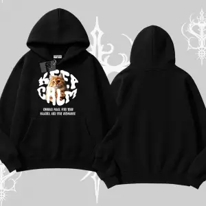 Keep Calm Yazılı Kedi Baskılı Streetwear Kapşonlu Sweatshirt