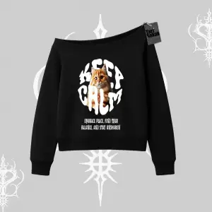 Keep Calm Yazılı Kedi Baskılı Streetwear Kayık Yaka Sweatshirt