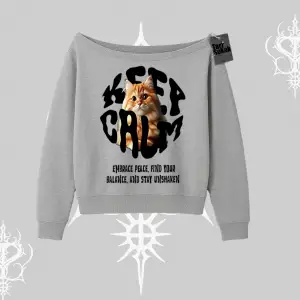 Keep Calm Yazılı Kedi Baskılı Streetwear Kayık Yaka Sweatshirt