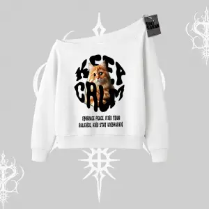 Keep Calm Yazılı Kedi Baskılı Streetwear Kayık Yaka Sweatshirt