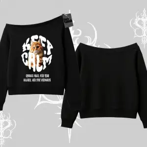 Keep Calm Yazılı Kedi Baskılı Streetwear Kayık Yaka Sweatshirt