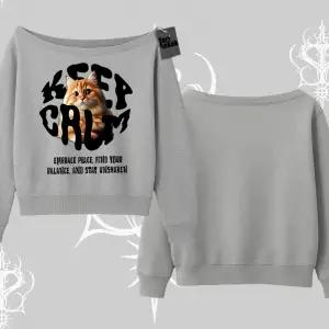 Keep Calm Yazılı Kedi Baskılı Streetwear Kayık Yaka Sweatshirt