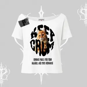 Keep Calm Yazılı Kedi Baskılı Streetwear Kayık Yaka Tshirt