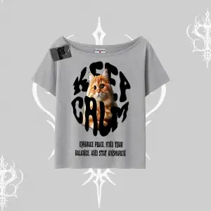 Keep Calm Yazılı Kedi Baskılı Streetwear Kayık Yaka Tshirt